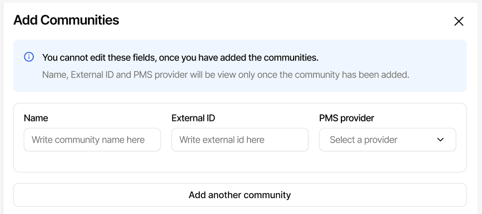 Add Communities modal with proactive info banner