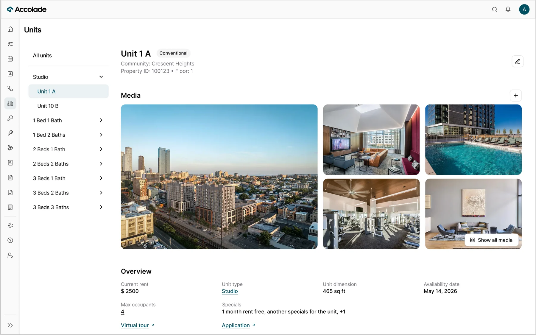 Redesigned unit detail page for Unit 1 A, reached from its unit type, with media and overview in one view