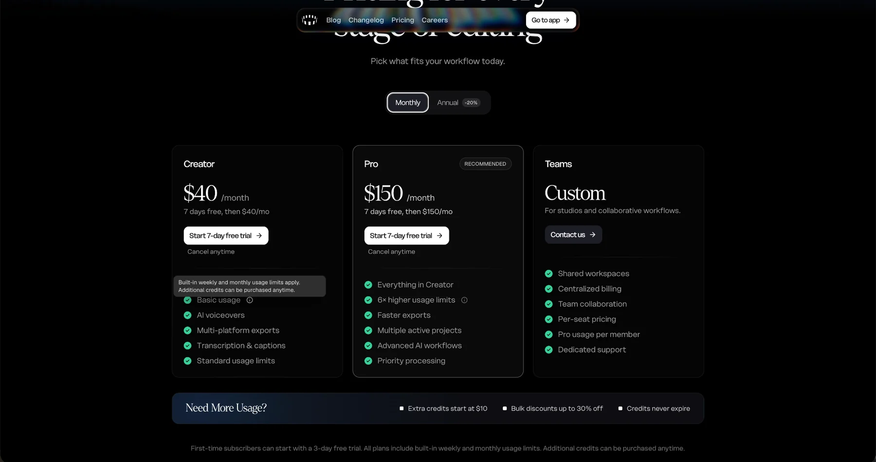 The Cardboard pricing page. Three cards: Creator at $40/month and Pro at $150/month, each with the line "7 days free, then $40/mo" or "7 days free, then $150/mo" and a button reading "Start 7-day free trial", and Teams at Custom. A "Need More Usage?" band runs beneath them. Under that, in small grey type, the footnote: "First-time subscribers can start with a 3-day free trial. All plans include built-in weekly and monthly usage limits. Additional credits can be purchased anytime."