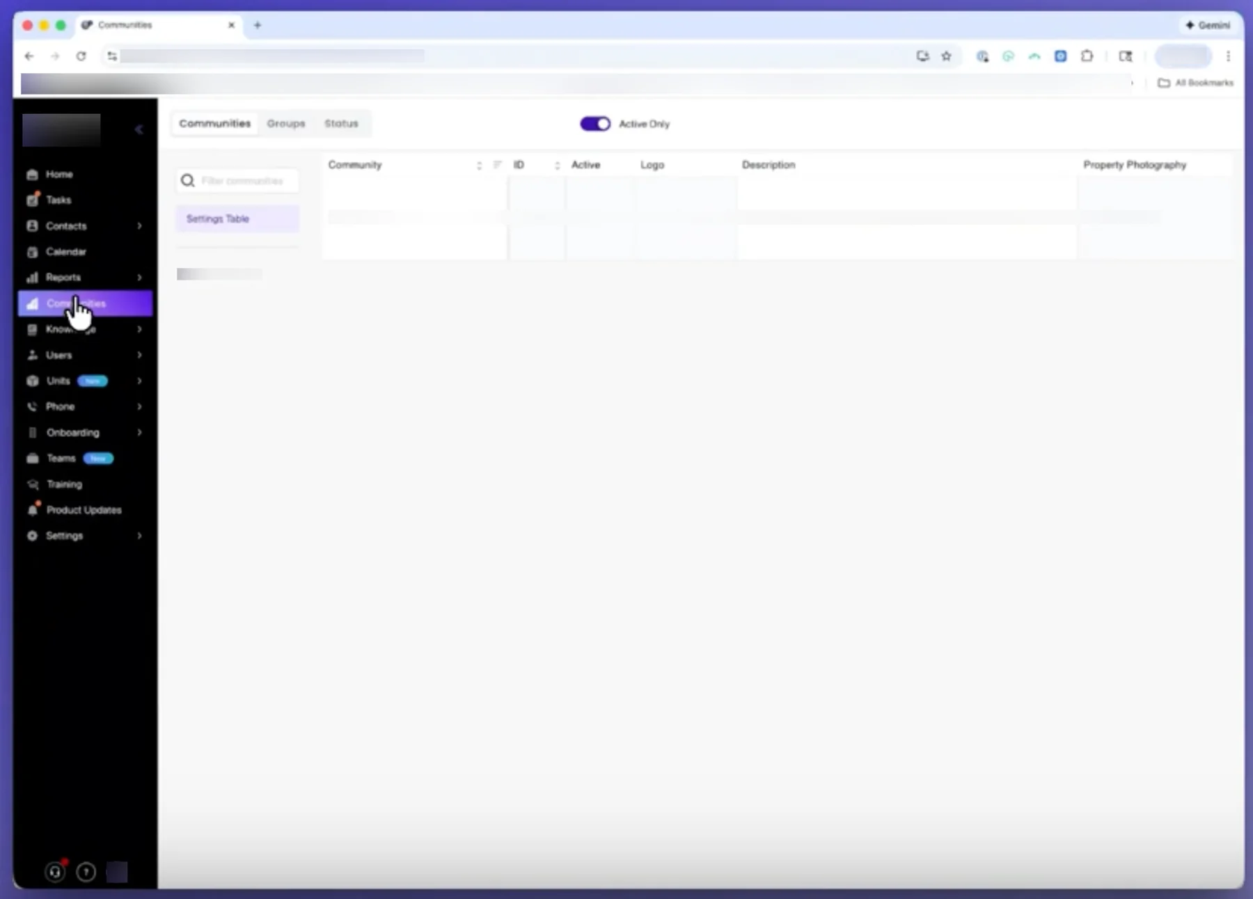 Competitor Communities screen with Communities, Groups, and Status as sibling tabs