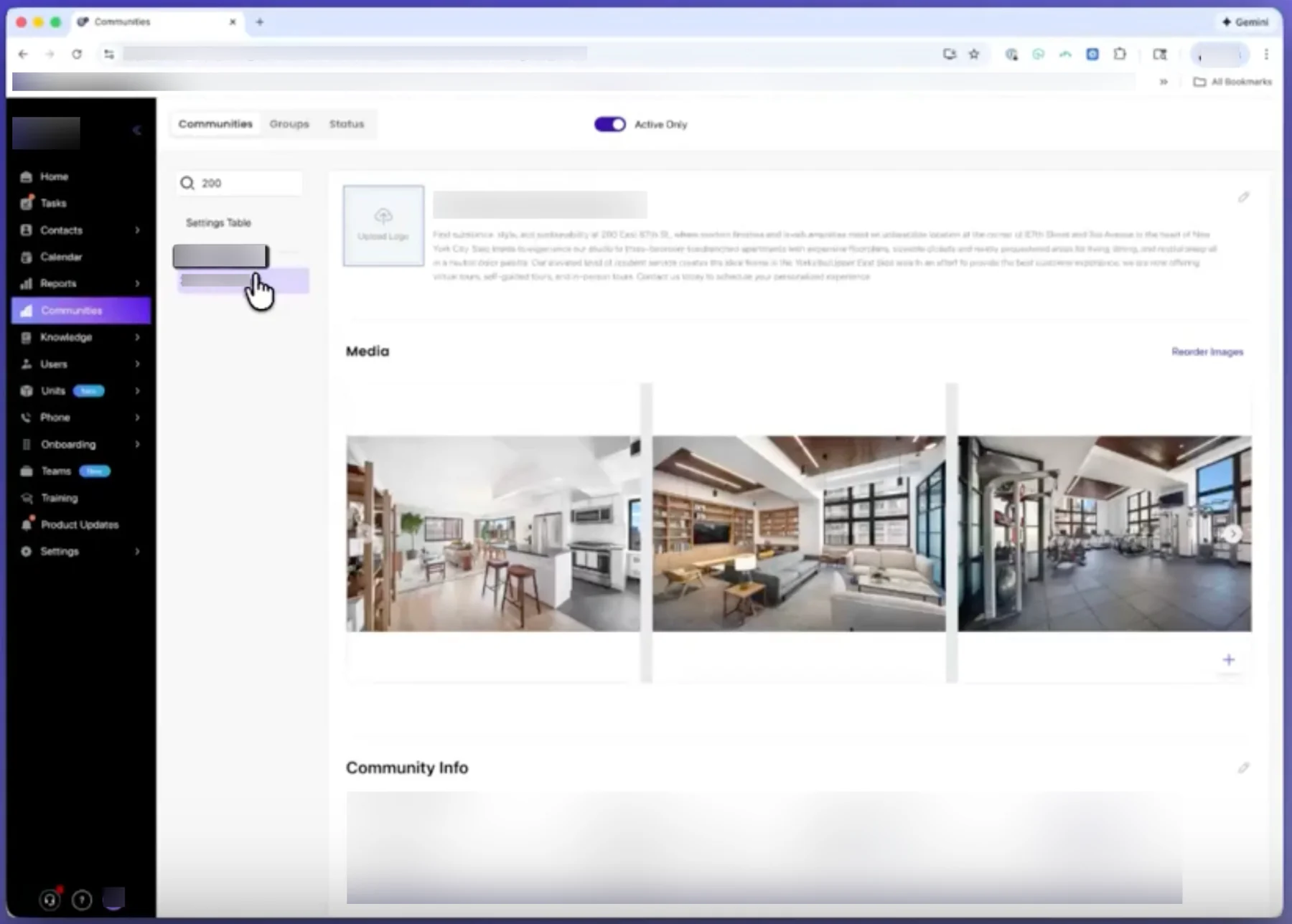 Competitor community detail page with Media bundled inside