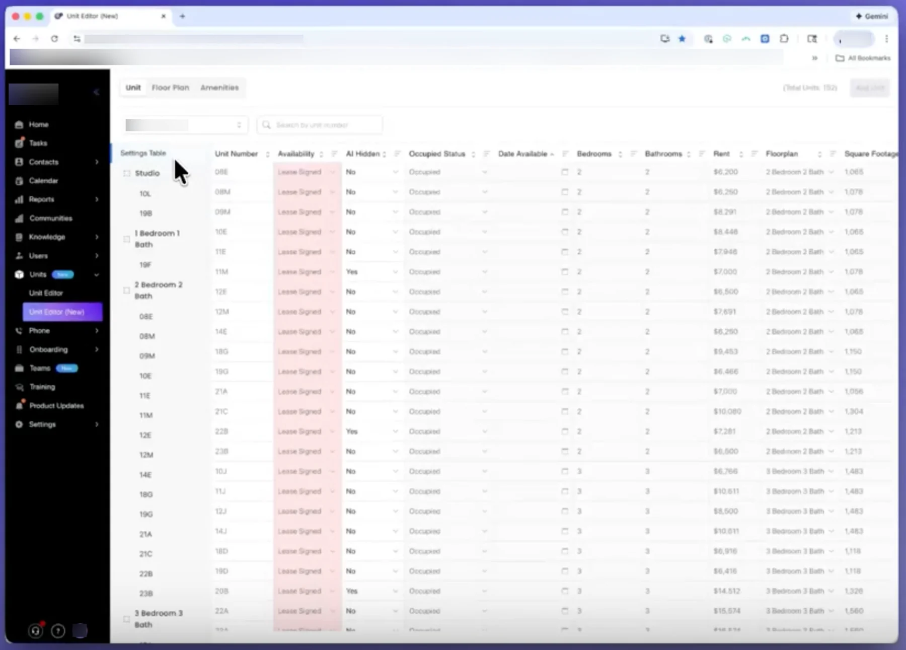 Competitor unit editor with Unit, Floor Plan, and Amenities as peer tabs