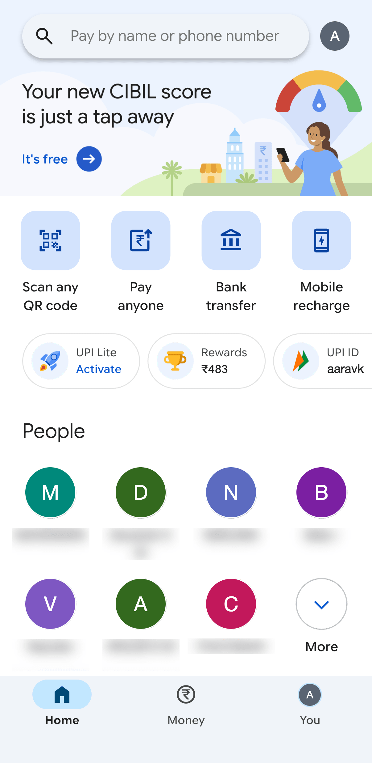The Google Pay home screen: a search field, a promotional banner, then Scan any QR, Pay anyone, Bank transfer and Mobile recharge, then a People section showing seven contacts as coloured circles with names beneath them.
