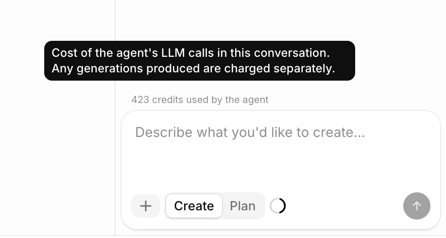 A tooltip sitting above the agent's credit counter, reading "Cost of the agent's LLM calls in this conversation. Any generations produced are charged separately." Below the tooltip the counter reads 423 credits used by the agent.