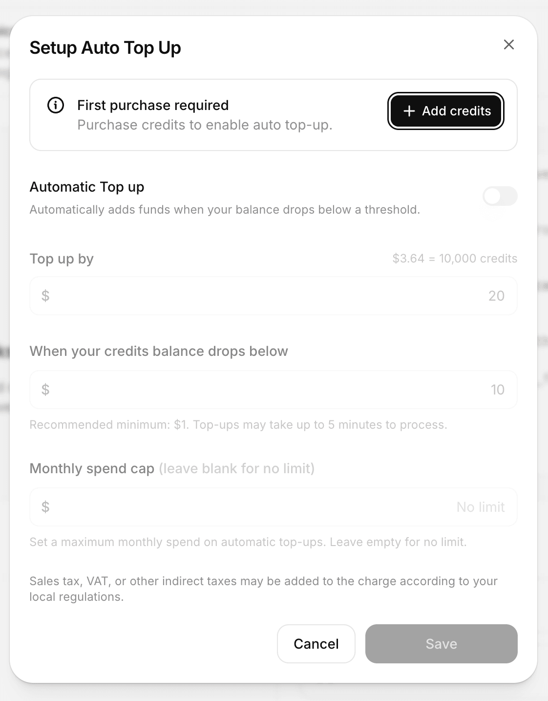 The Setup Auto Top Up dialog. Automatic Top up is toggled off. Top up by is set to $20, triggered when the balance drops below $10. The monthly spend cap field is labelled "leave blank for no limit" and reads No limit.