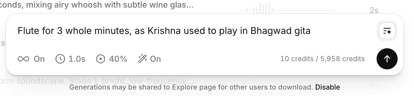 The ElevenLabs Sound Effects panel with duration set to 1 second, quoting a cost of 10 credits