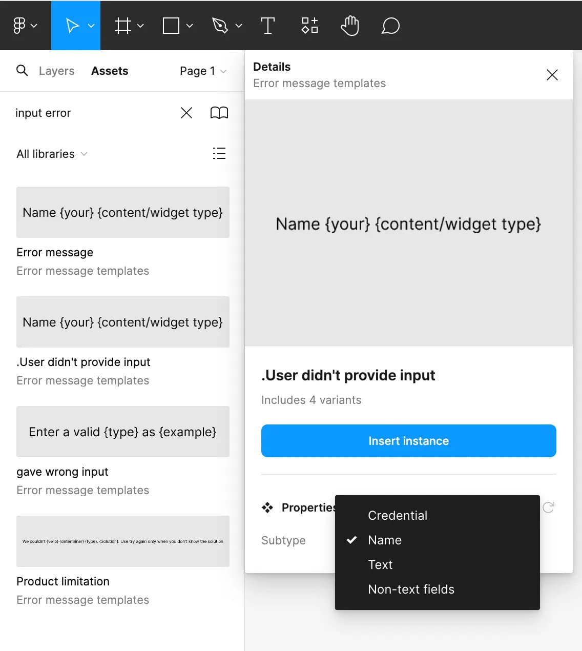 Figma assets panel showing the error-message template library: reusable components for each scenario, each with multiple variants and structured properties.