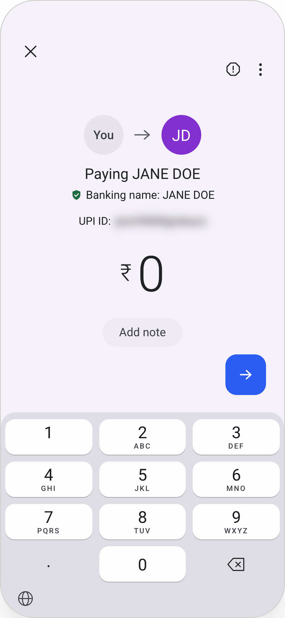Option 1, proposed. The Google Pay amount screen with a payer-to-payee row added at the top: a grey circle reading "You", an arrow, and a purple circle reading "JD". Below it "Paying JANE DOE", the verified banking name, a blurred UPI ID, then the amount at ₹0, an Add note button, and a blue arrow key above the number keypad.