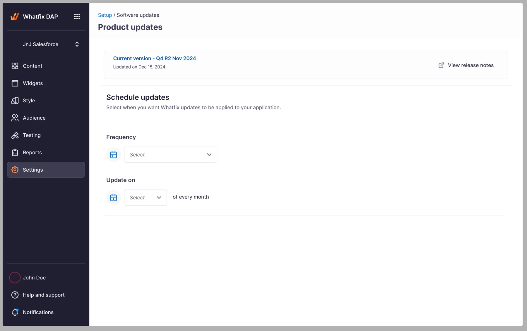 After: renamed to Product Updates with a Schedule updates panel account managers control