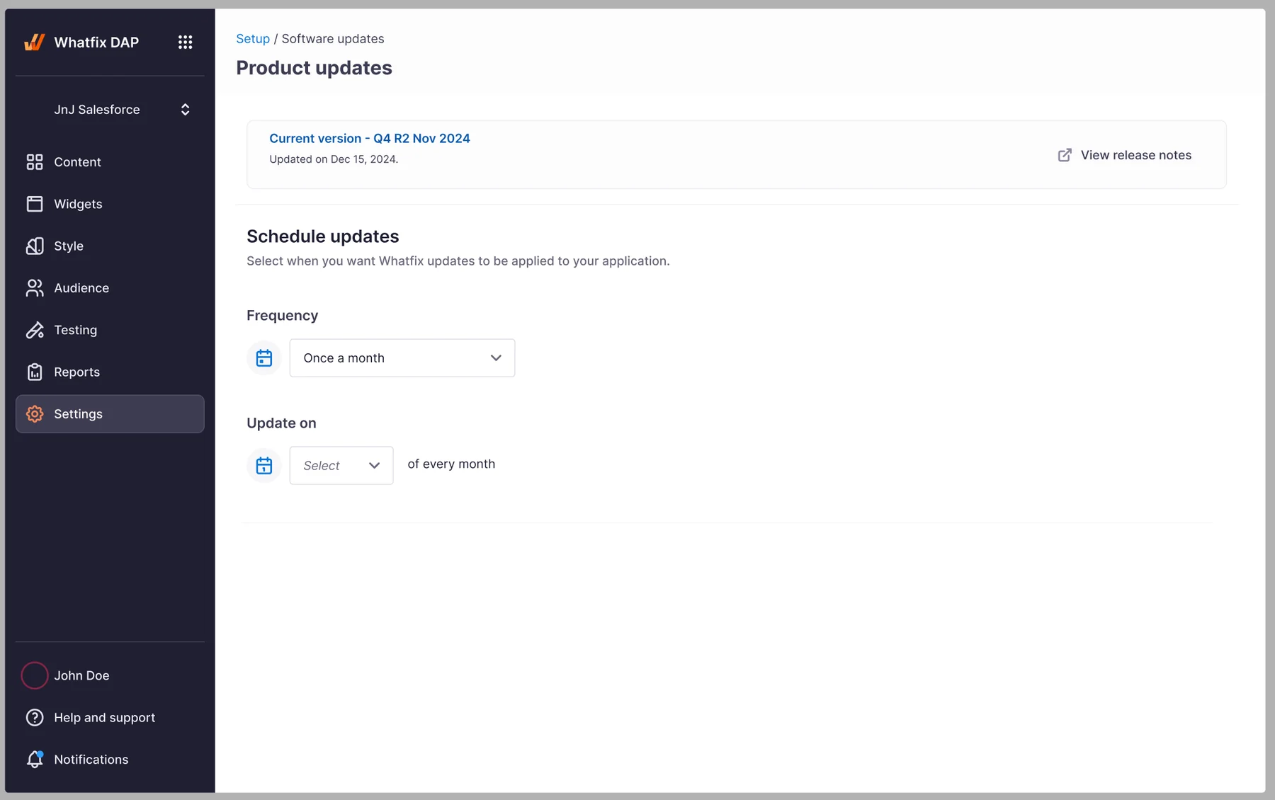 Product Updates: a 'Schedule updates' panel with Frequency set to 'Once a month' and an 'Update on ... of every month' control, letting the account manager choose exactly when Whatfix updates apply to their application