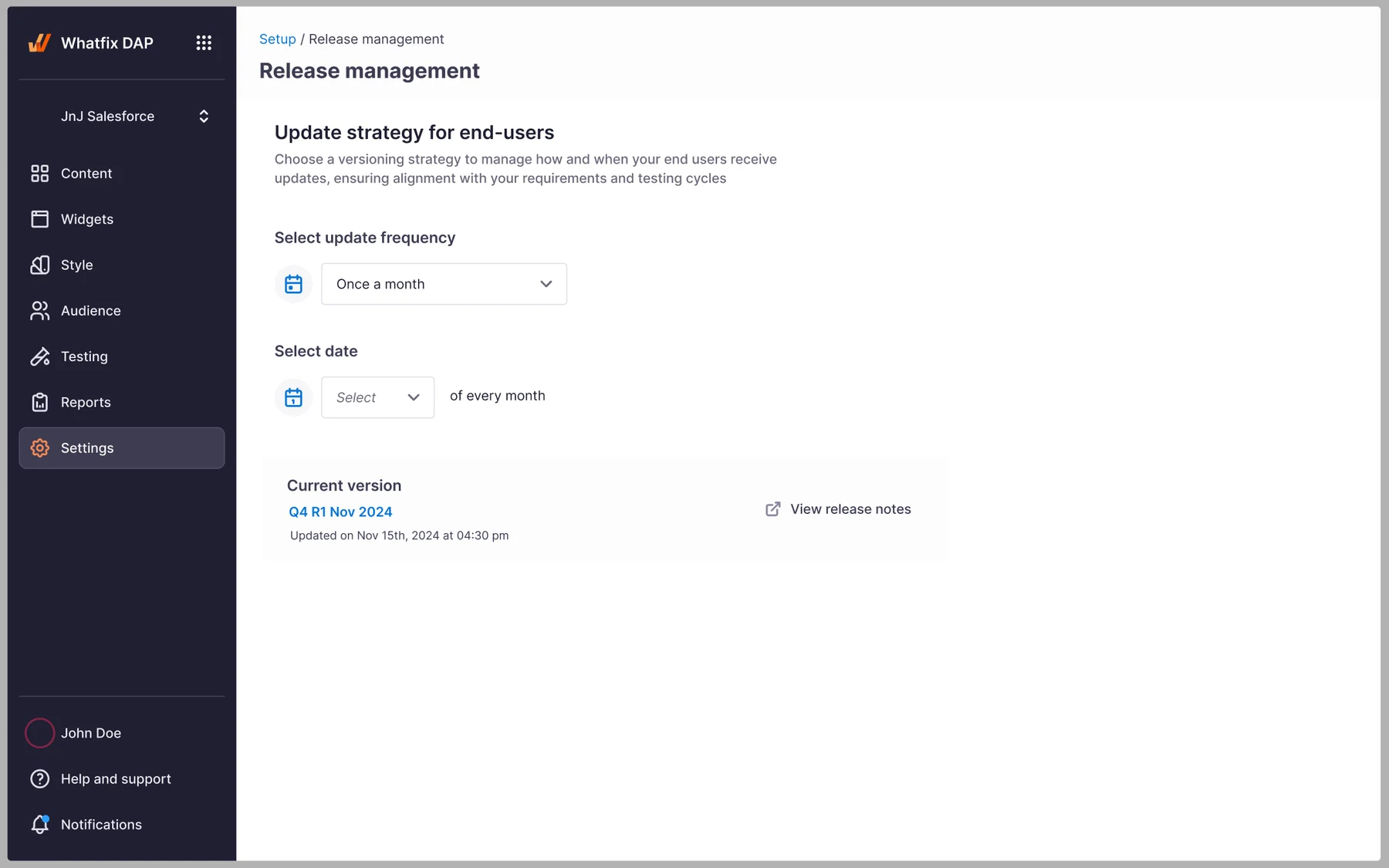 Release management: an update-frequency of 'Once a month' is chosen but the 'Select date' control is still empty, so there is no committed day the update applies, the timing is left reactive