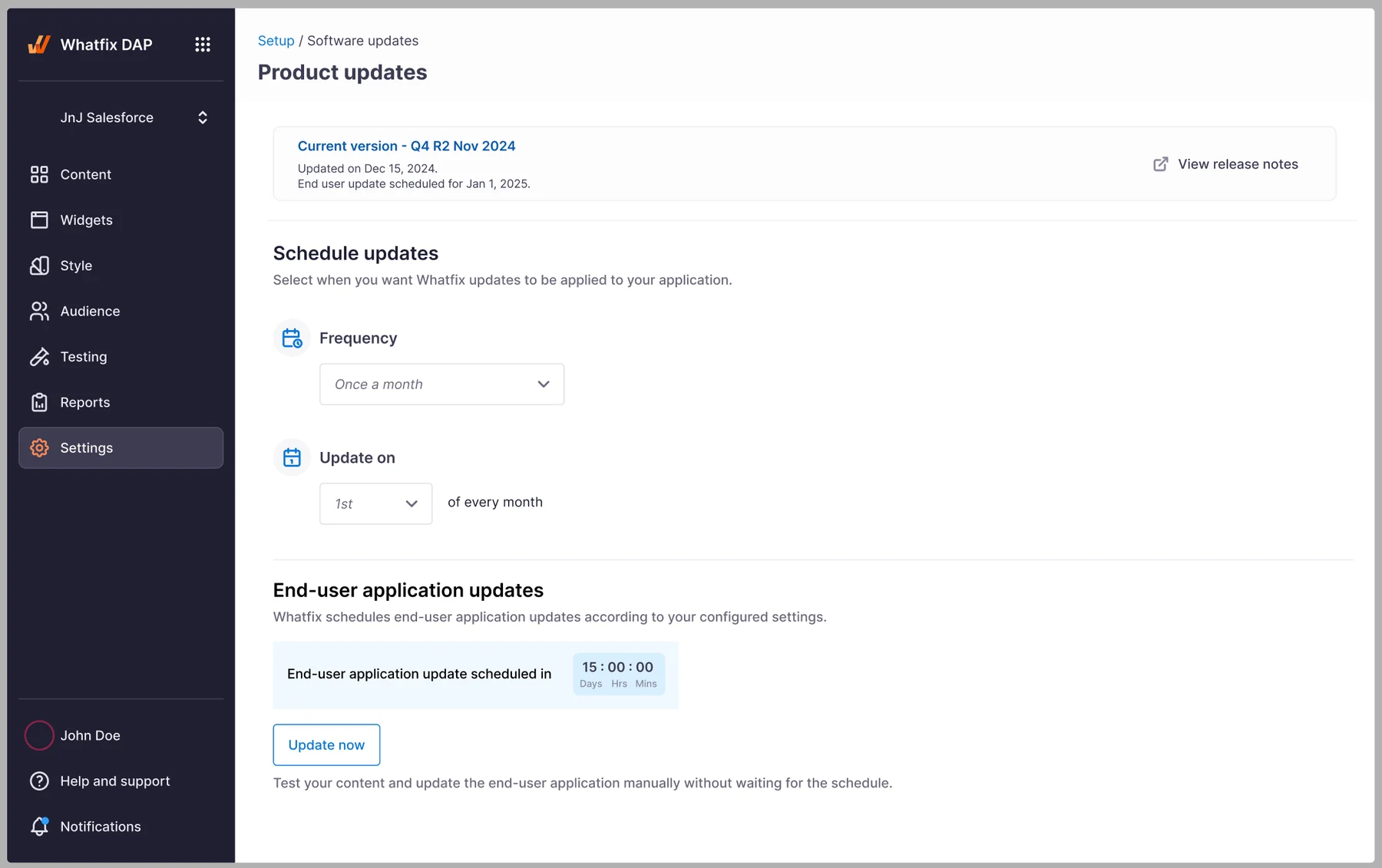 Product Updates: the current-version card now states 'End user update scheduled for Jan 1, 2025', and an 'End-user application updates' section explains what happens, with a clear countdown and an 'Update now' action, so each message says what happened, why, and what to do next