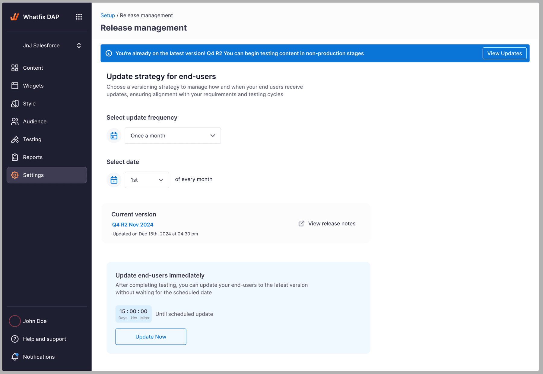 Release management: a raw blue system banner reading 'You're already on the latest version! Q4 R2 You can begin testing content in non-production stages', plus an 'Update end-users immediately' block with a countdown, all worded around the system state rather than the user's next step