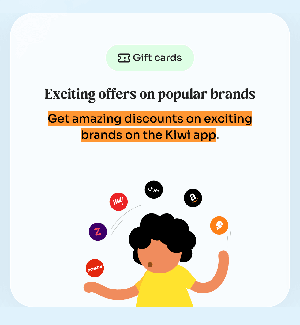The neighbouring card in the same rewards row. A green tag reads "Gift cards", the heading reads "Exciting offers on popular brands" and the line beneath it, highlighted, reads "Get amazing discounts on exciting brands on the Kiwi app." An illustration of a person surrounded by brand logos sits below.