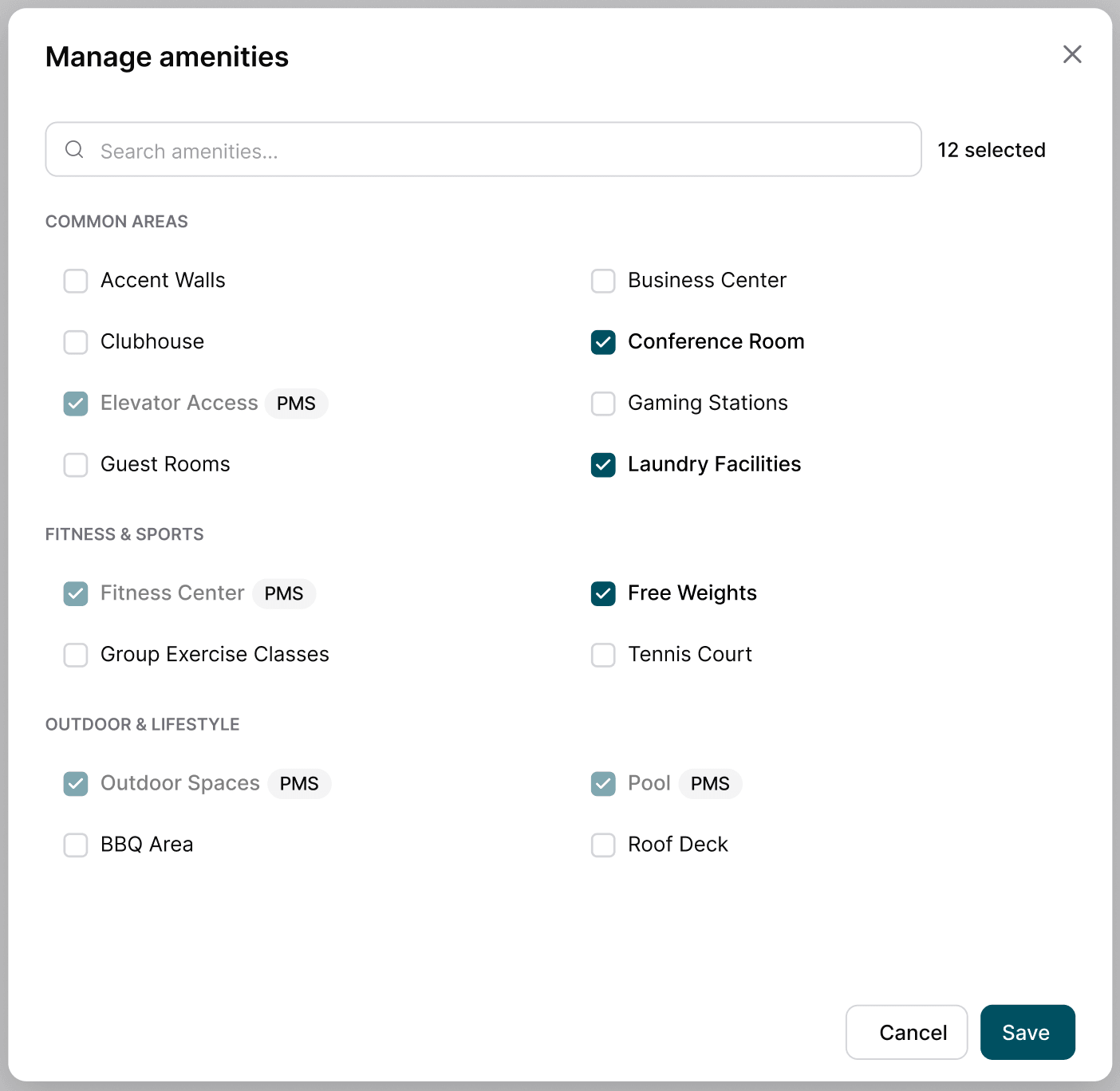 The Manage amenities editor: PMS-synced amenities carry a PMS badge and stay locked, while everything else is a live checkbox the agent can edit here