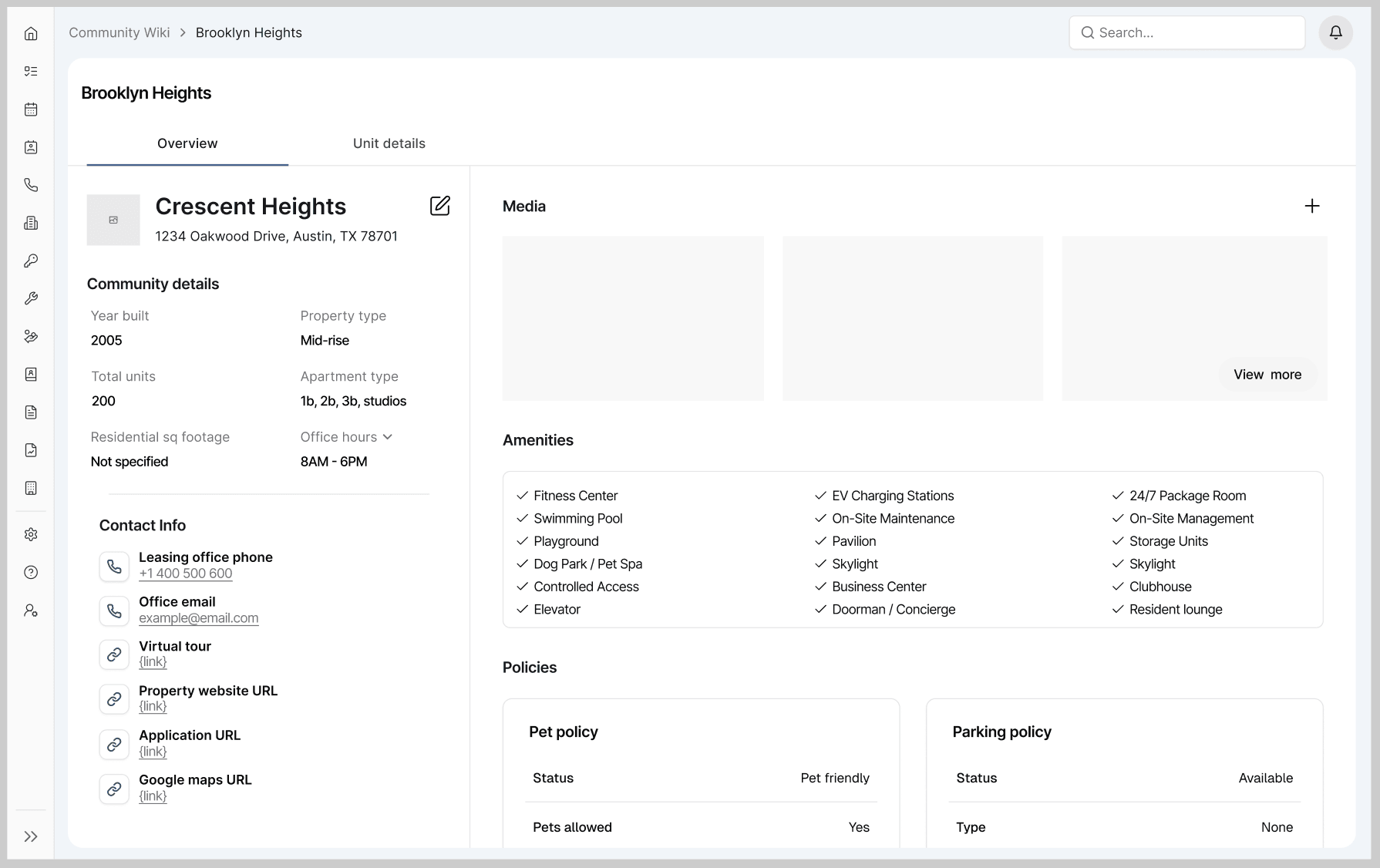 My first pass: units made a tab inside the community page, Overview and Unit details as sibling tabs, with nowhere for unit types to live