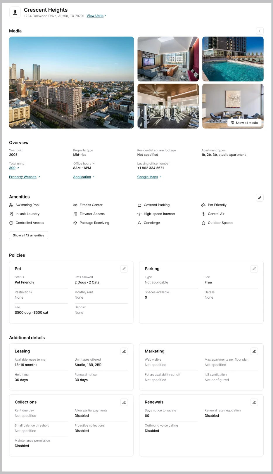 Final community page grouped by the agent job, with real media and per-section edit controls