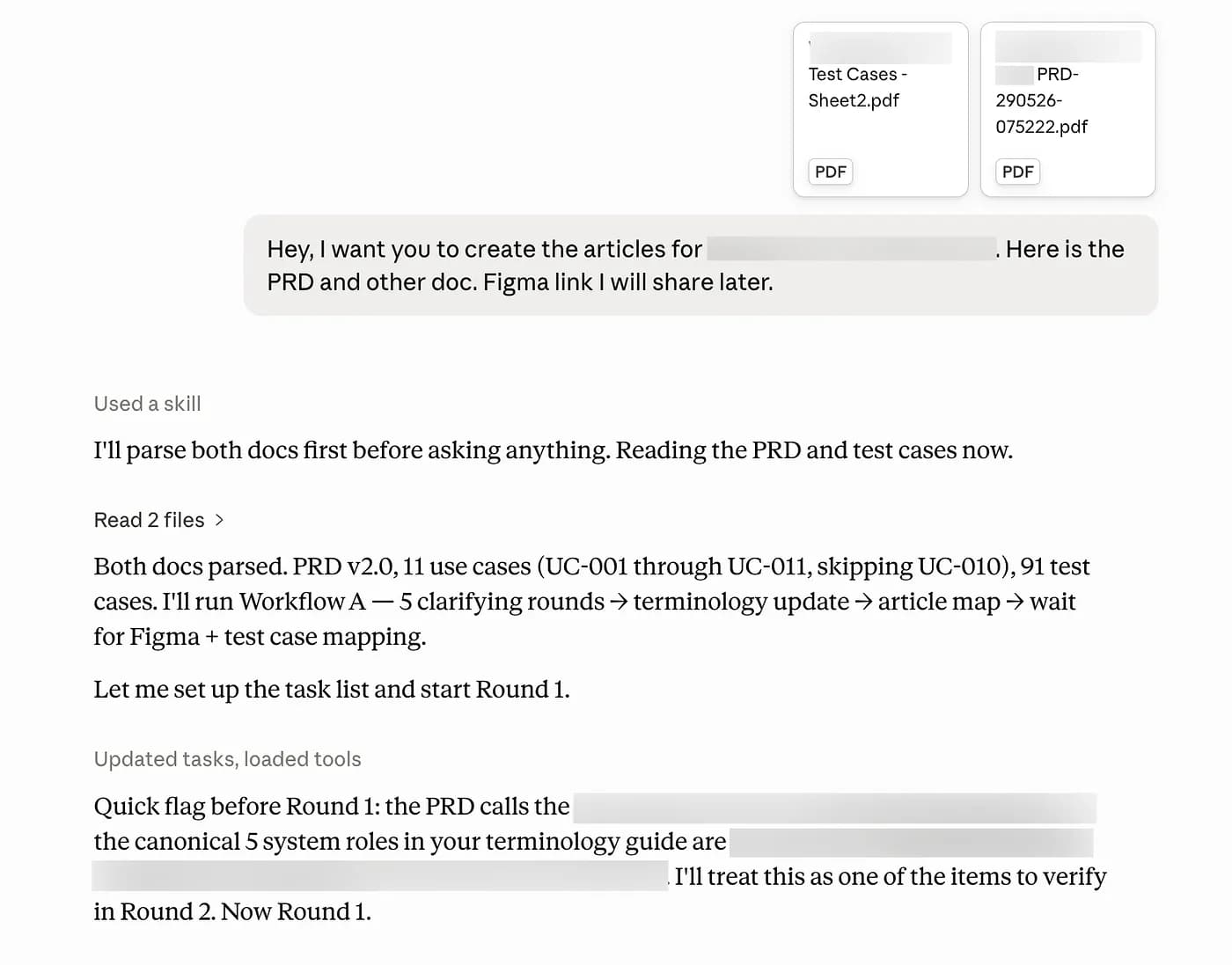 A PM asks the support-docs skill to create articles from a PRD and test-cases doc; the skill parses both first, notes PRD v2.0 with 11 use cases and 91 test cases, runs a clarifying workflow, and flags a terminology mismatch to verify before drafting