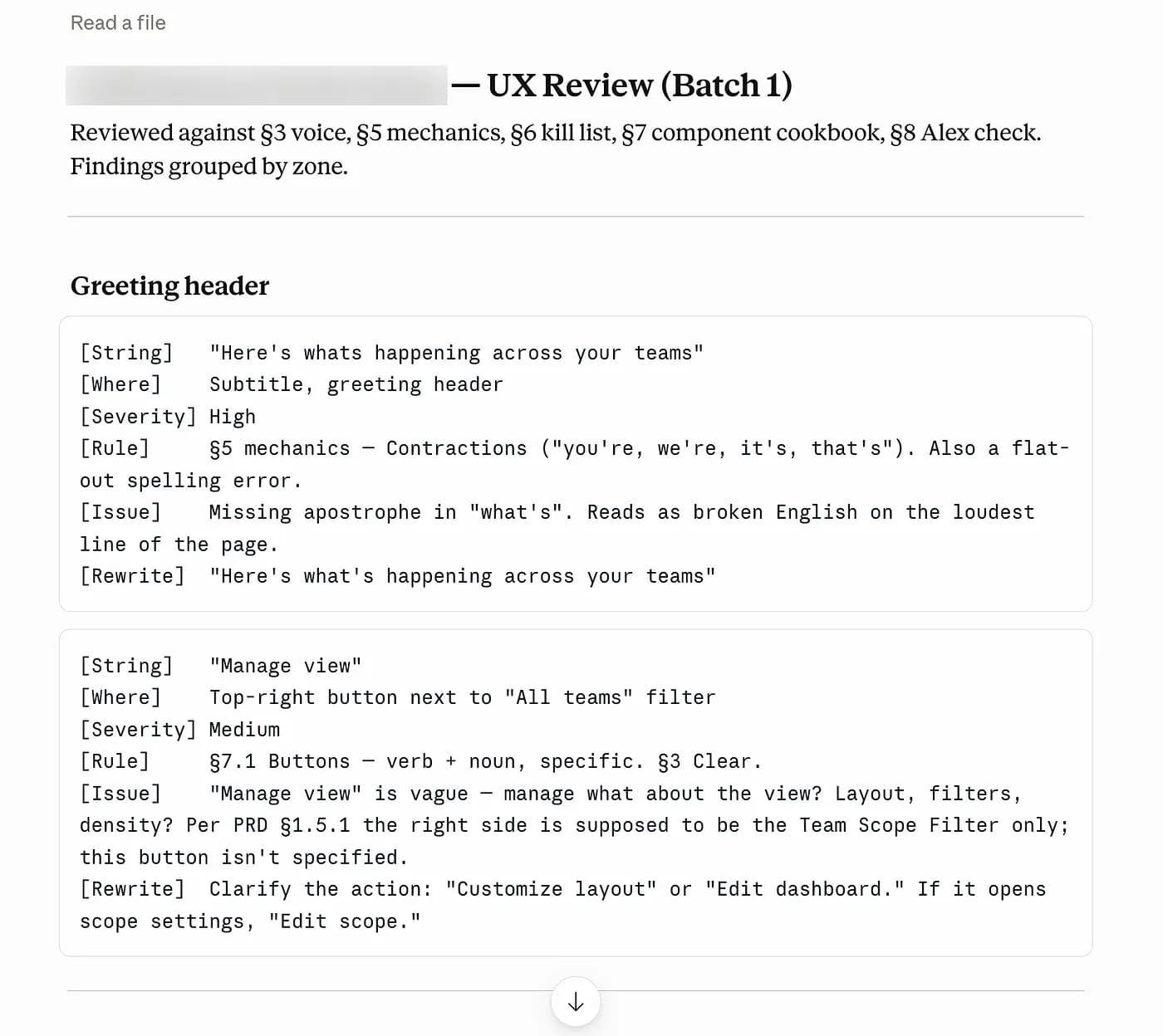 A UX Review batch: each finding logged with String, Where, Severity, Rule, Issue, and Rewrite, e.g. flagging a missing apostrophe in a greeting header and a vague 'Manage view' button