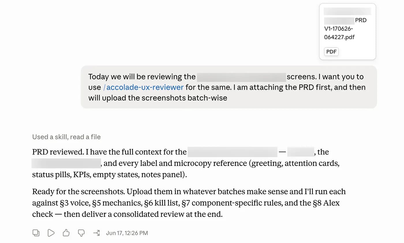 A designer invokes /accolade-ux-reviewer, attaches the PRD first, and the skill confirms it has the full context and label references before reviewing screenshots uploaded batch by batch against the voice, mechanics, kill list, component rules, and Alex check