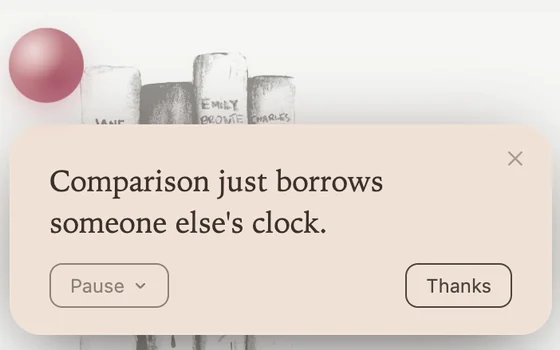 A Permission card on its blush ground: "Comparison just borrows someone else's clock."