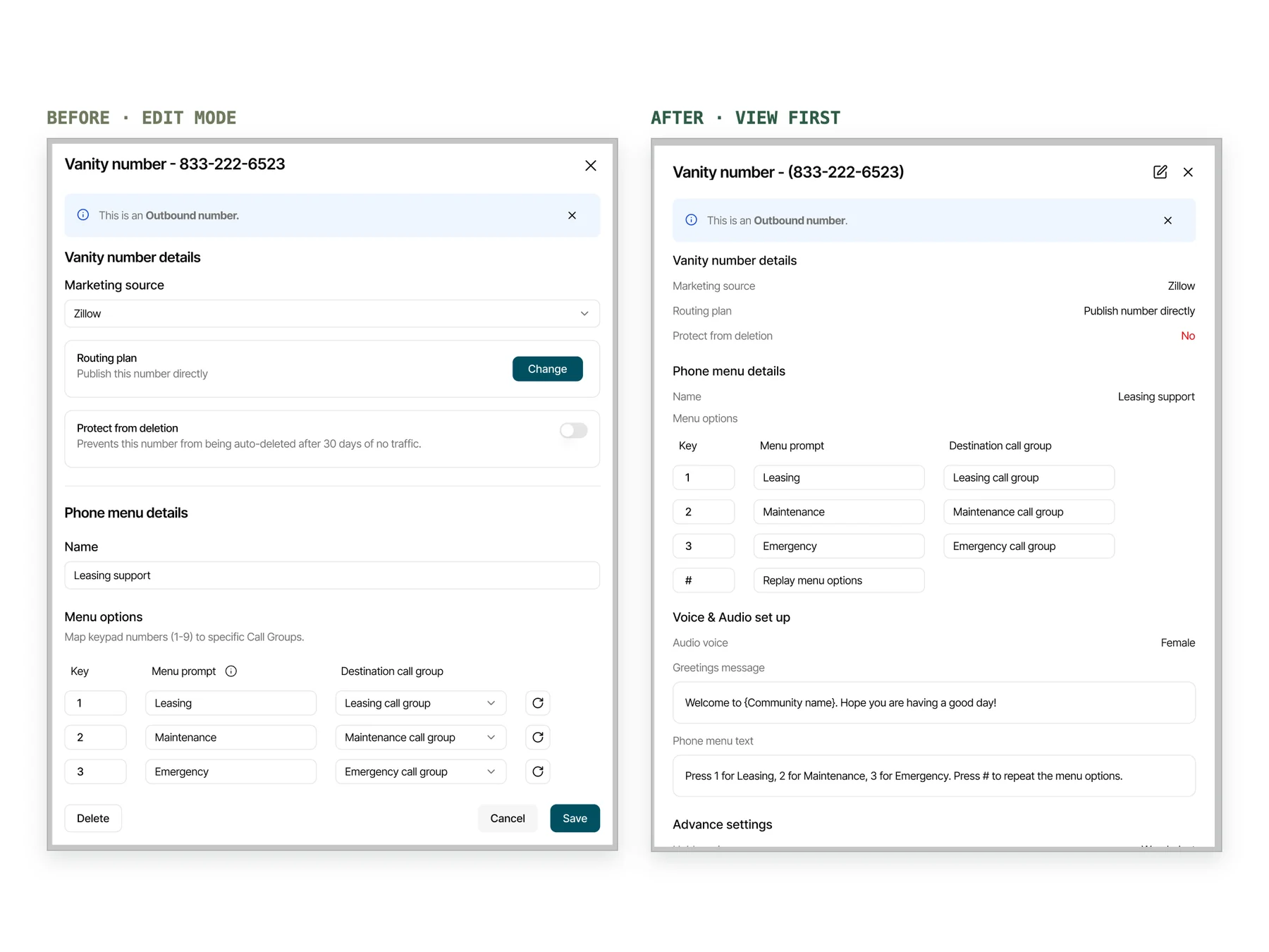 Before and after: the record used to open straight into an editable form; now it opens read-only by default, with edit as an explicit action